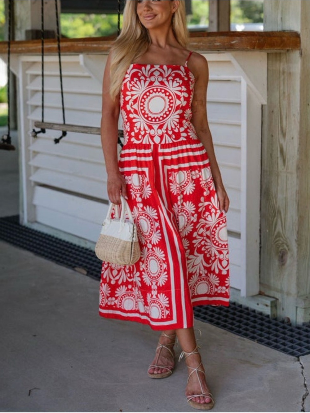 Red Printed Midi Dress with Spaghetti Straps